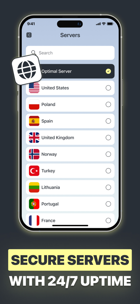 SafeStream VPN app interface showing a list of secure global servers including United States and United Kingdom