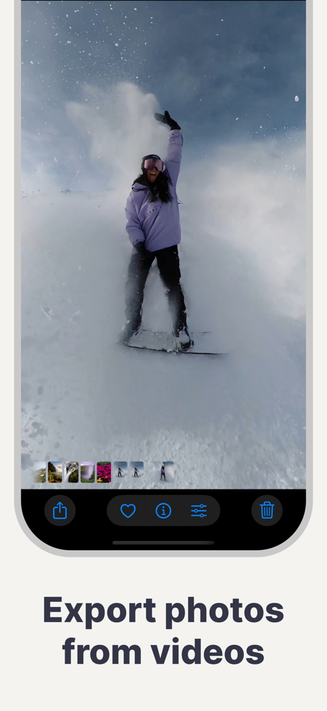 FrameShotアプリのインターフェース。動画からキャプチャされたスノーボーダーの静止画像と「動画から写真のエクスポート」というテキストが表示されています。