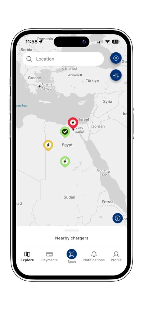 Electra By Raya - Aplicación de navegación Electra By Raya mostrando un mapa con estaciones de carga de vehículos eléctricos cercanas.