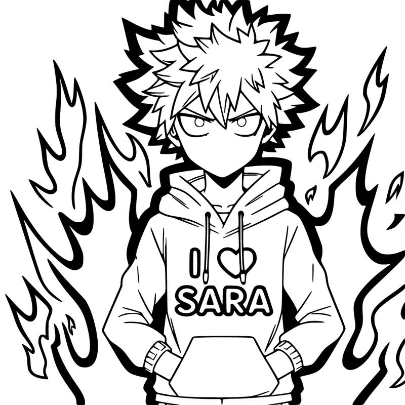 bakugo my hero academia with a hoodie that says i love sara