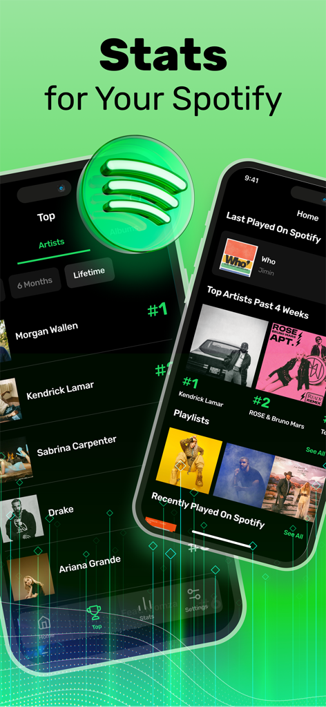 Stats for Spotify Music + - Interfaz de la aplicación mostrando estadísticas de escucha de Spotify y artistas principales en pantallas de móvil