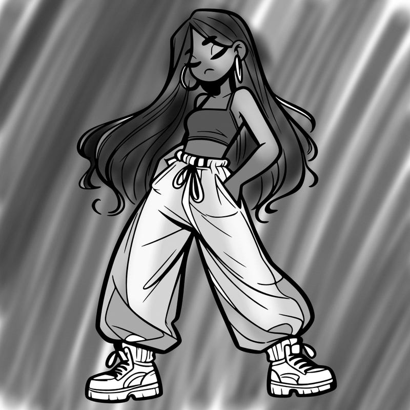 girl in baggy pants crop top and long hair
