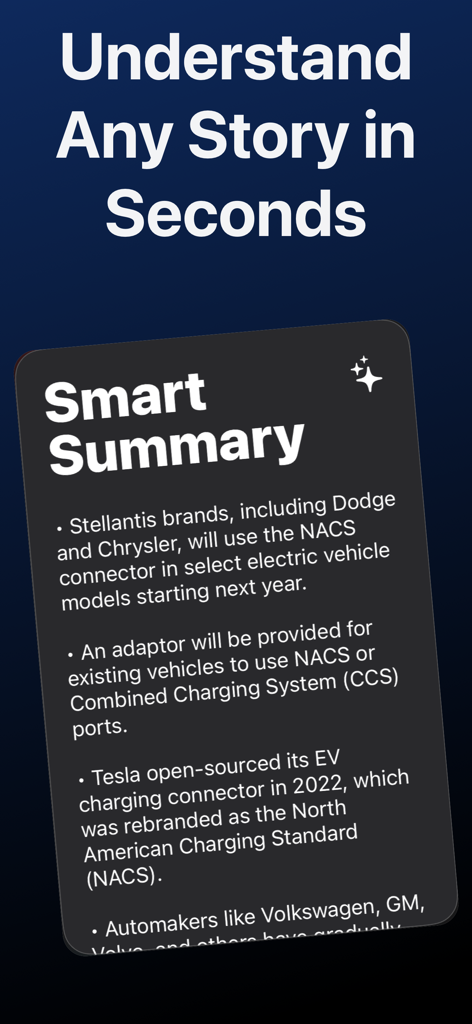 Bulletin: AI News Reader - Bulletin app interface showing a smart summary of a news story about electric vehicle charging