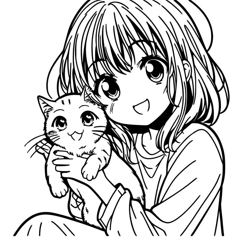 manga girl with a cat