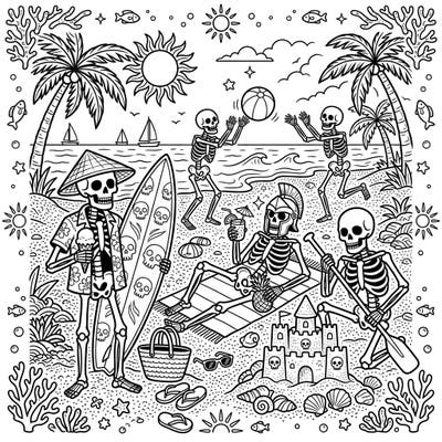 Unleash your creativity with this unique coloring page featuring warrior skeletons enjoying a lively summer vacation. Imagine them relaxing on the beach, playing games, and savoring tropical treats under the sun.