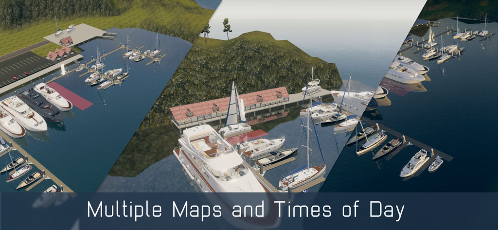 Boat Master - A collage showing different marina environments and lighting conditions in the Boat Master simulation game.