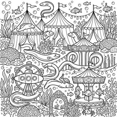 Embark on a fantastical underwater adventure with our Marine Eels Carnival coloring page. This unique design brings together the mystery of marine life with the joyful chaos of a big top event, perfect for unleashing your creativity.