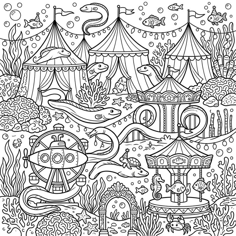 Embark on a fantastical underwater adventure with our Marine Eels Carnival coloring page. This unique design brings together the mystery of marine life with the joyful chaos of a big top event, perfect for unleashing your creativity.