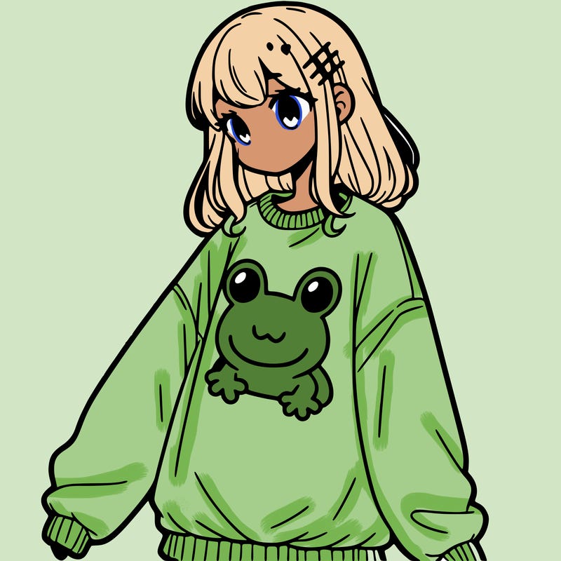 girl wearing frogging sweatshirt