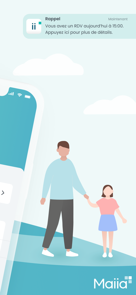 Maiia - Téléconsultation & RDV - A medical appointment reminder notification from the Maiia app with an illustration of a father and daughter