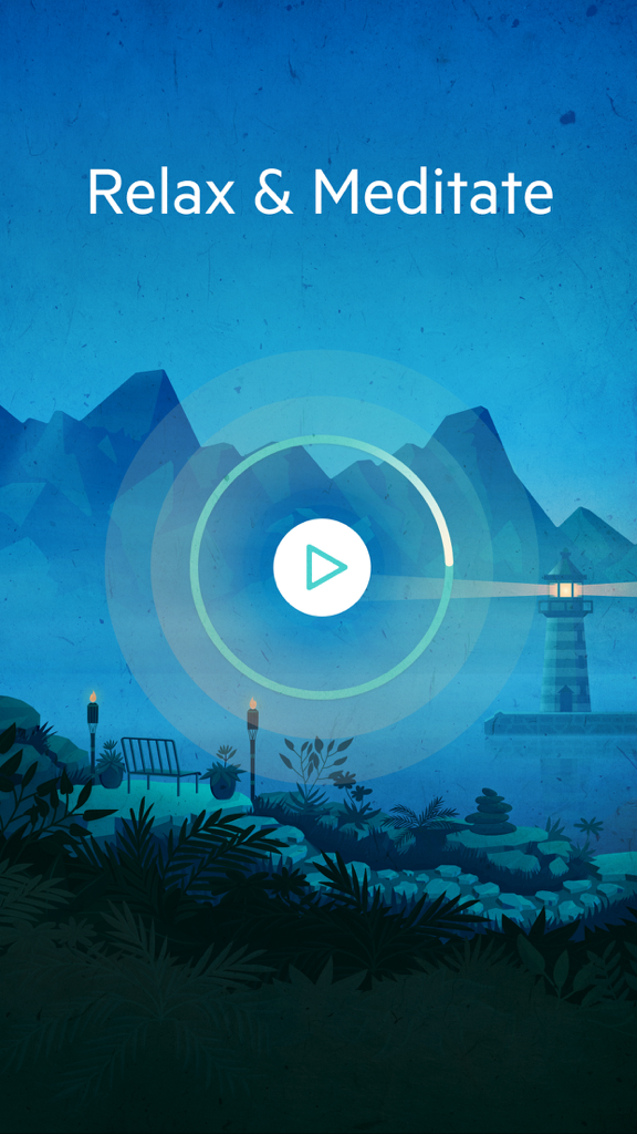 Relax Meditation P: Mindfulness Sounds White Noise - Relax and Meditateアプリのホーム画面。灯台と再生ボタンのある穏やかな青い風景が特徴です。