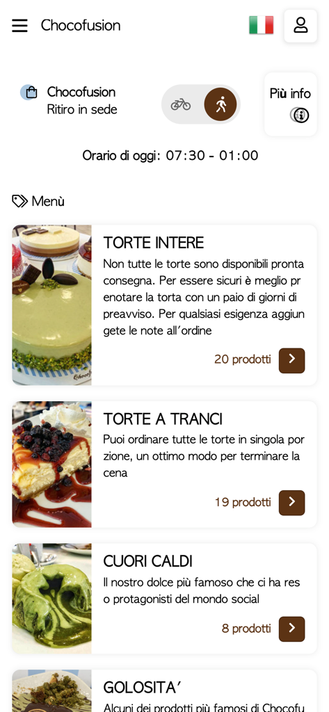 Écran de menu de l'application Chocofusion montrant les catégories de gâteaux entiers, de parts de gâteau et de desserts coulants
