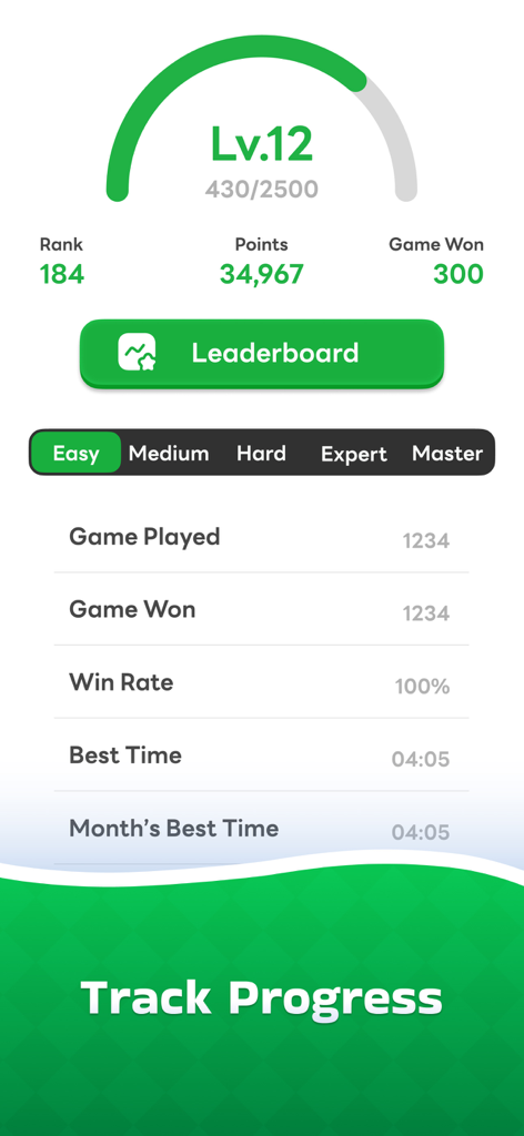 Sudoku Now! - Interfaz de la aplicación Sudoku Ahora que muestra estadísticas de usuario y progreso de nivel