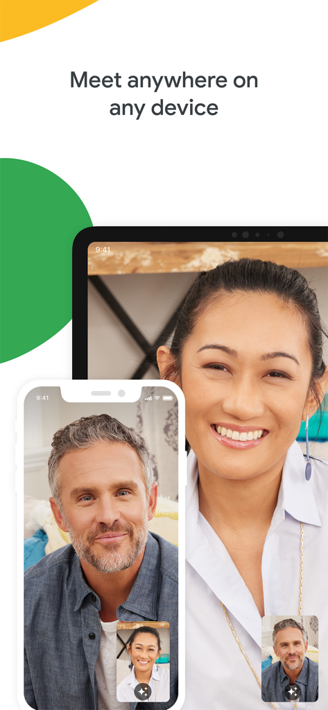 Google Meet video call interface displayed on a smartphone and a tablet illustrating cross platform flexibility.