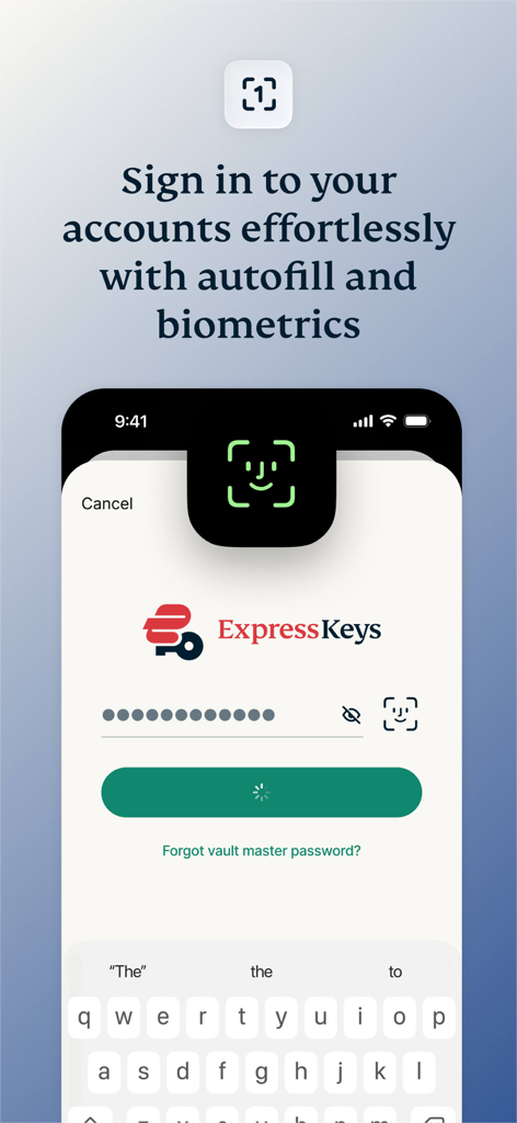 ExpressKeys: Password Manager - ExpressKeysパスワードマネージャーの画面。生体認証Face IDログインが表示されています。