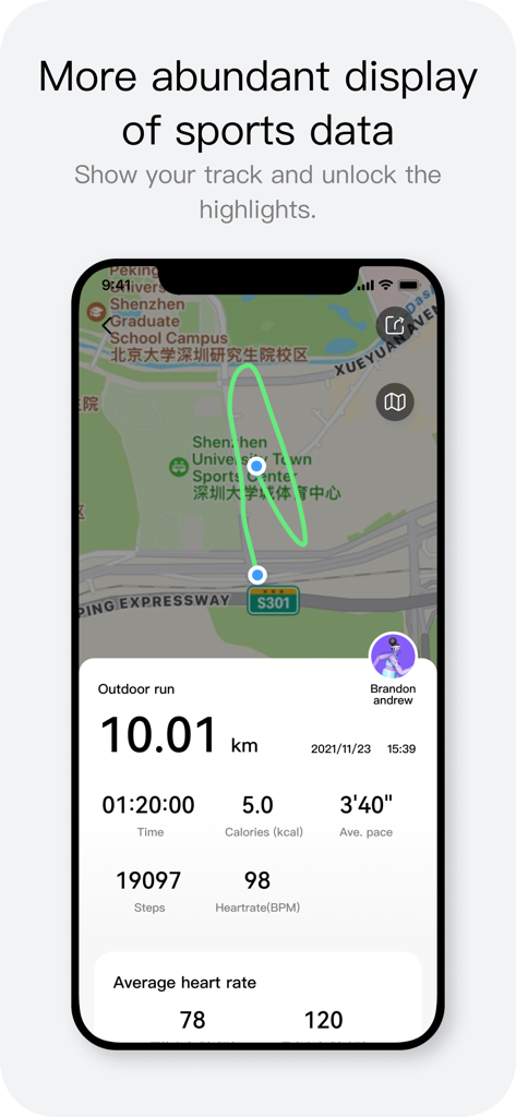 Haylou Fun - Aplicación Haylou Fun que muestra estadísticas de carrera al aire libre, incluyendo mapa GPS, distancia y métricas de frecuencia cardíaca
