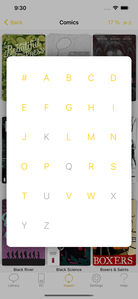 YACReader app interface showing an alphabetical A to Z grid overlay for searching and navigating a digital comic book collection