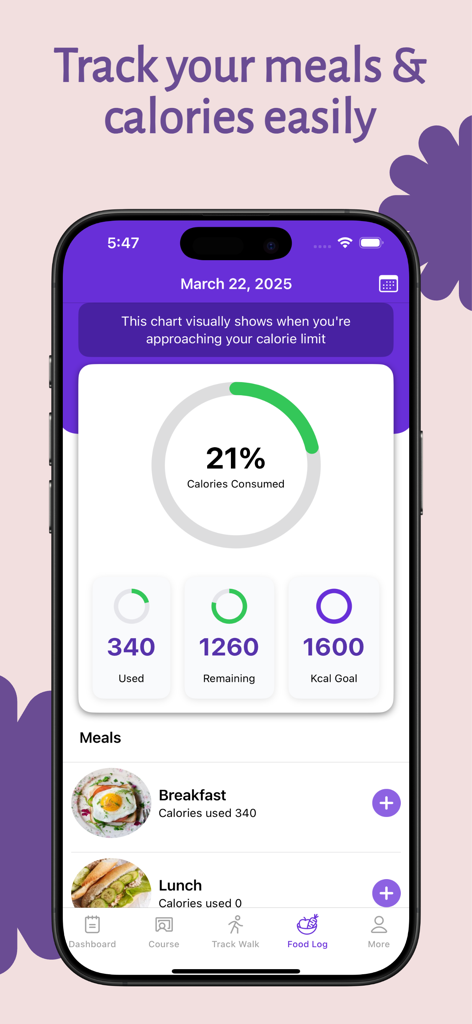 MyBodySlims - MyBodySlims app interface showing a food log with calorie consumption progress and meal tracking