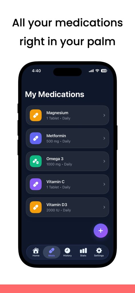 Medloo app screen showing a list of medications and vitamins with daily dosage reminders