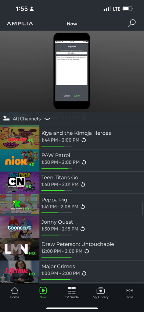Oberfläche der AMPLIA TV-App, die eine Liste von Live-Sendern und aktuellen Programmen wie PAW Patrol und Teen Titans Go zeigt.