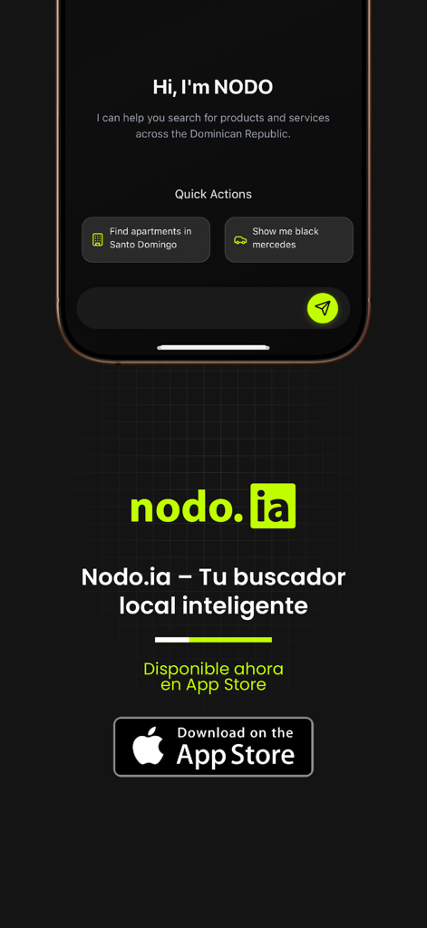 Interfaz de la aplicación del motor de búsqueda inteligente de negocios locales NODO.ia con enlace de descarga.
