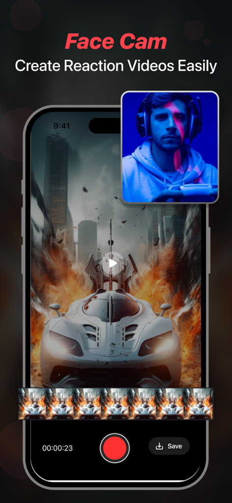 Screen Recorder - Stream Games - Pantalla de smartphone mostrando la función de cámara facial para crear videos de reacción mientras se juega