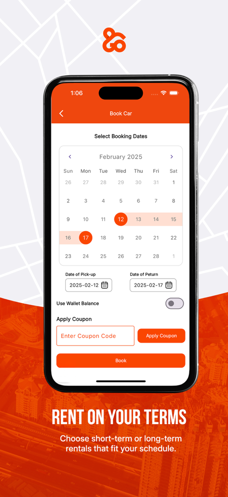 Rent and Go: Car Rentals - Rent and Go car rental app booking screen showing a calendar for selecting rental dates.