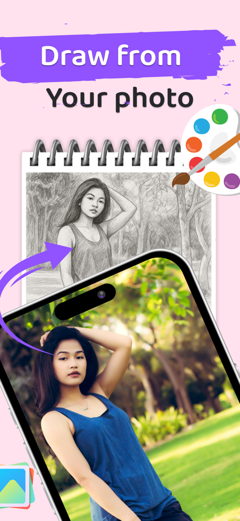 A smartphone showing a portrait photo being transformed into a realistic pencil sketch on a drawing pad using the AR Drawing app.