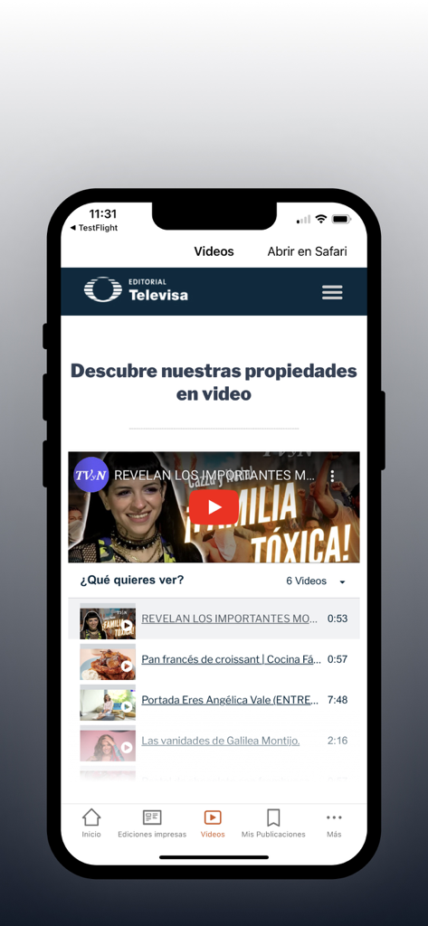 Editorial Televisa app video library interface