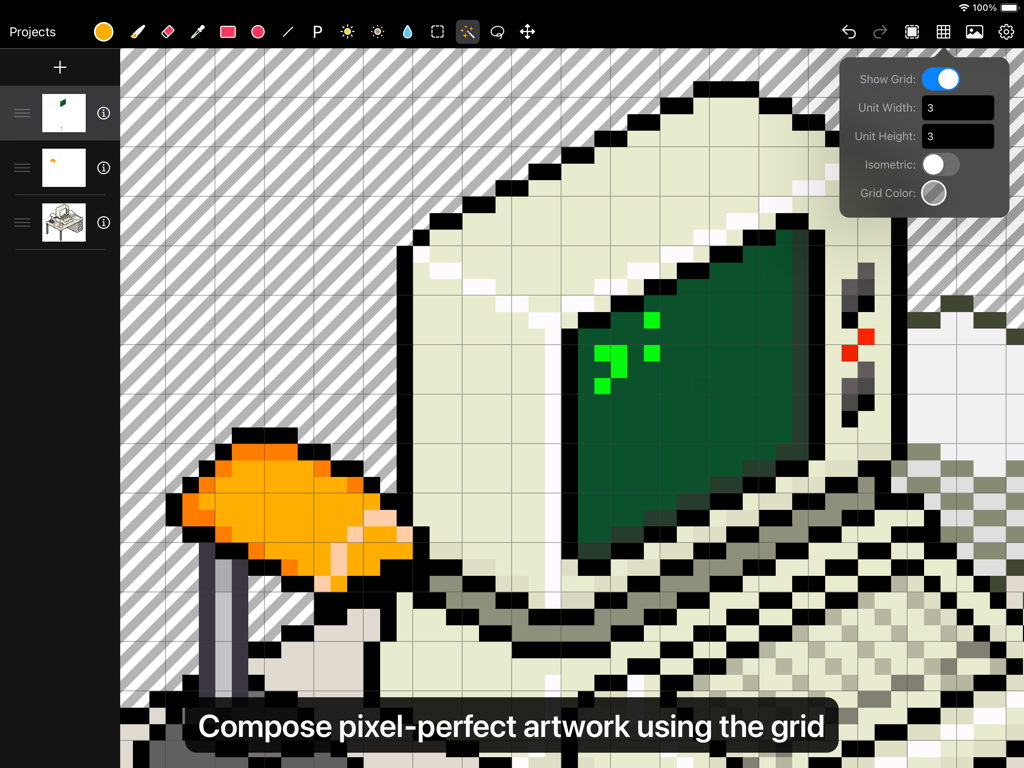 User interface of Pixen app showing a pixel art computer being edited with a grid tool overlay
