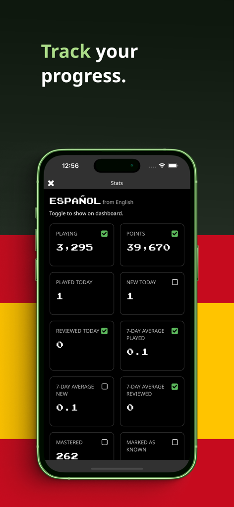 Clozemaster Spanish - Una pantalla de teléfono inteligente que muestra el panel de estadísticas de la aplicación Clozemaster Español con métricas de puntos y progreso de aprendizaje