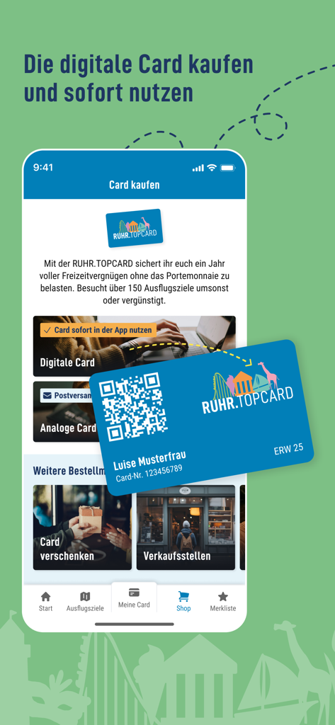 RUHR.TOPCARD - RUHR.TOPCARD mobile App-Bildschirm, der Optionen zum Kauf einer digitalen oder analogen Karte mit einer visuellen Vorschau der digitalen Karte und einem QR-Code anzeigt.