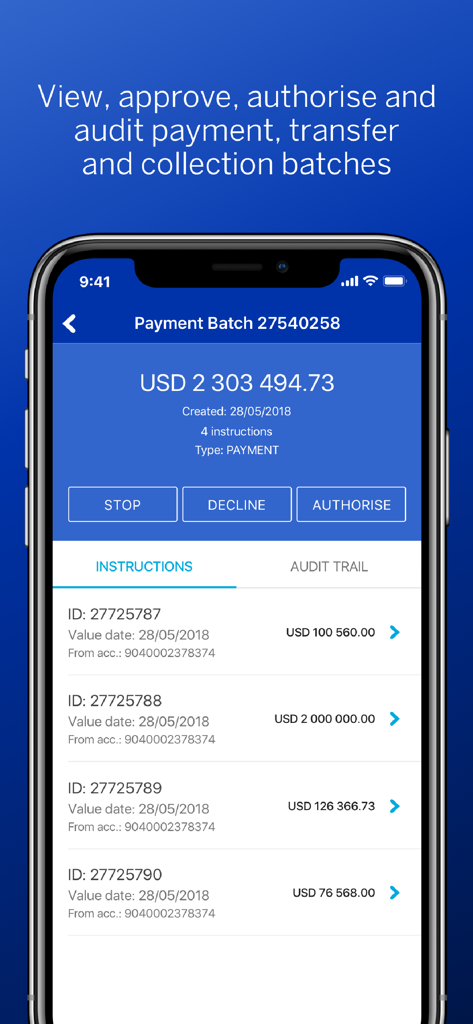 Business Online - Interface de l'application Business Online affichant un écran de lot de paiements avec des options pour arrêter, refuser ou autoriser les transactions de grande valeur