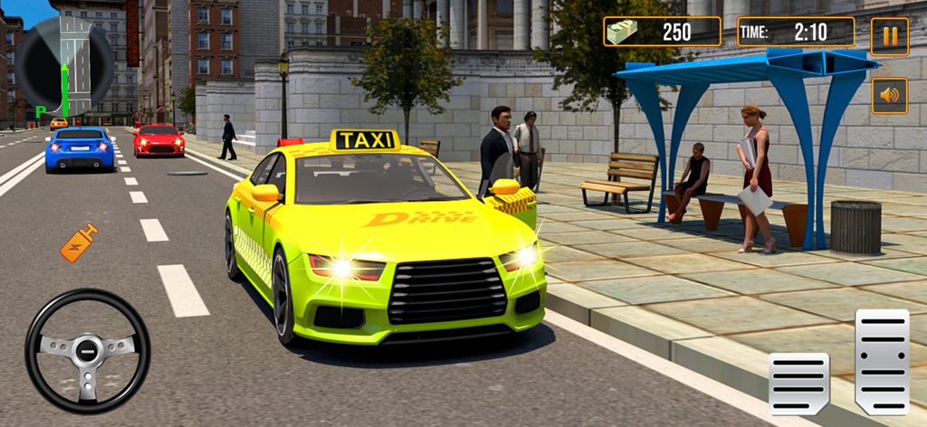 Extreme Taxi Car Driving game - A bright yellow taxi picking up a passenger at a city bus stop in the Extreme Taxi Car Driving game.