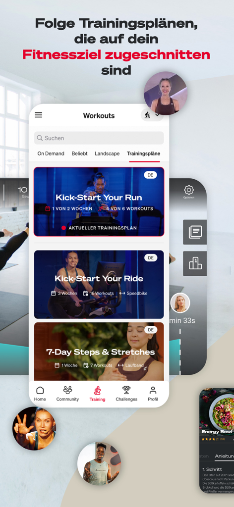 Oberfläche der Sportstech Live Mobile App, die verschiedene personalisierte Fitnesspläne für Laufen, Radfahren und Dehnen anzeigt.