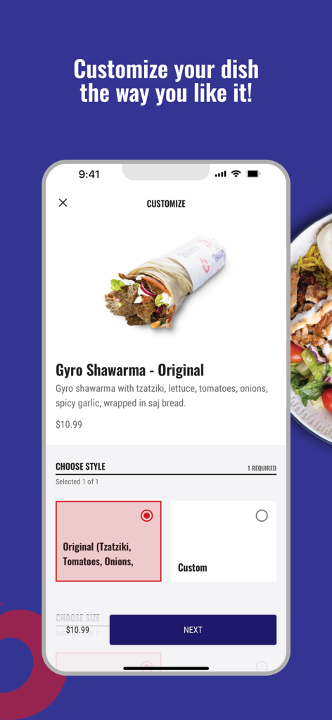 Tahini's Restaurants - Tahinis Restaurants mobile app interface for customizing a Gyro Shawarma order