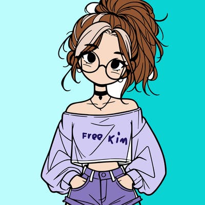 girl with a messy ponytail glasses a baggy crop top and jean shorts