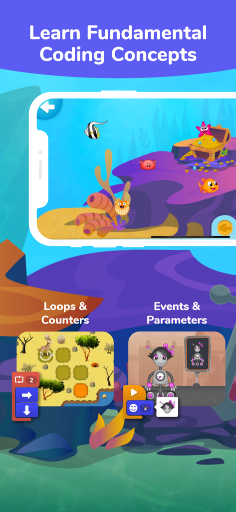 Tynker Junior app interface showing visual block coding lessons for loops and events with robots and animals