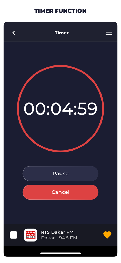 Pantalla del temporizador de suspensión de la aplicación Radio Senegal mostrando una cuenta regresiva y la estación RTS Dakar FM