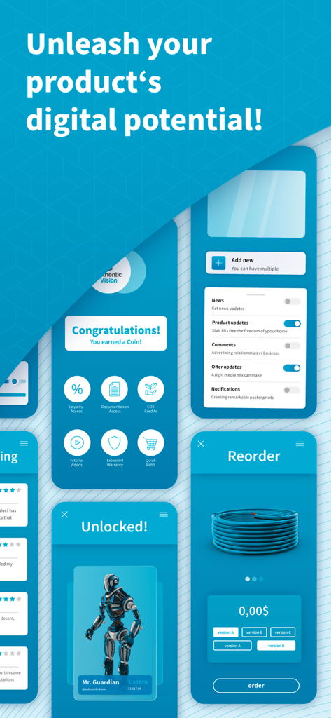 Authentic Vision - CheckIfReal - 제품 인증 보상 및 재주문 기능을 보여주는 모바일 앱 화면