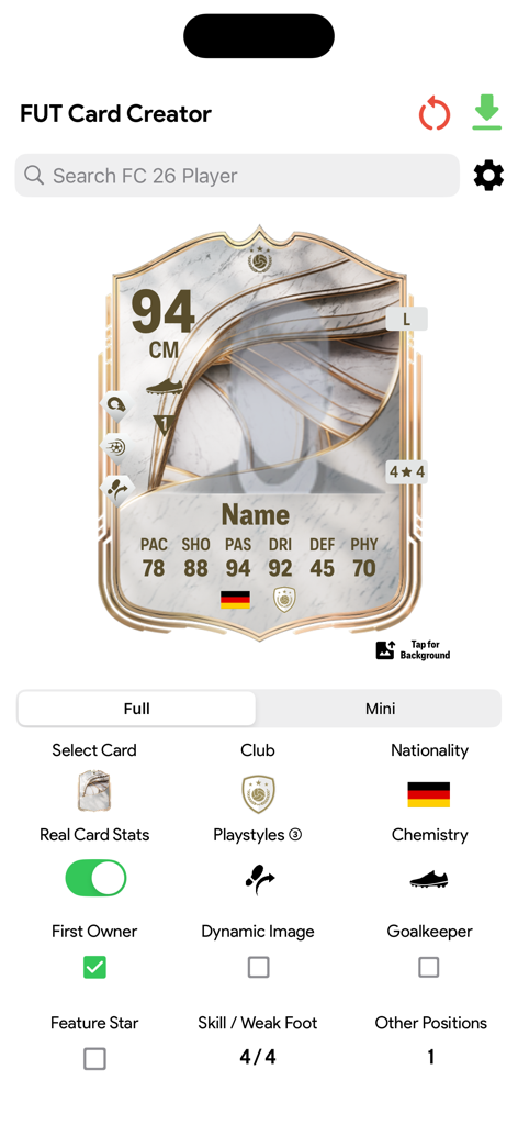UT 26 Card Creator - Mobile app interface for UT 26 Card Creator showing a customizable soccer player card with various stats and design options