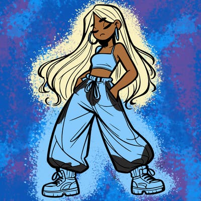 girl in baggy pants crop top and long hair