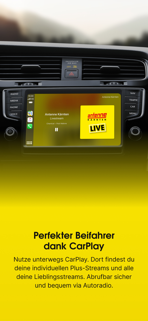 Antenne Kärnten Radio App läuft auf dem Apple CarPlay-Display eines Fahrzeugs