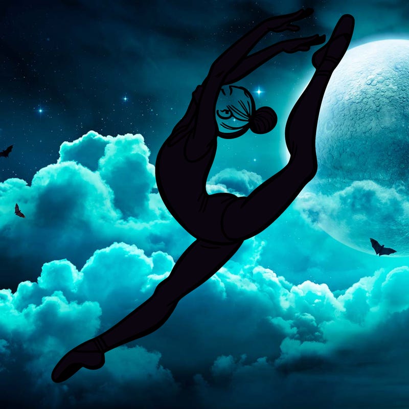 gymnast doing a leap in a leotard with a bent back leg