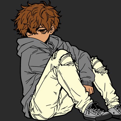 a male hoddie ripped jeans messy hair anime