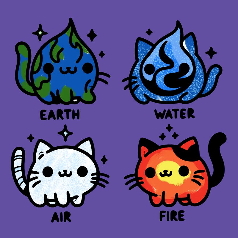 4 cats that represent the different elements, earth, water, air, and fire