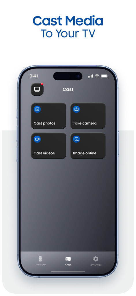 Remote Control for TV Smart - Interfaz de aplicación móvil que muestra opciones para transmitir fotos y videos a un televisor inteligente