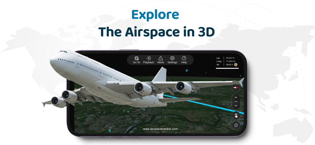 Un modelo de avión 3D volando sobre un mapa del terreno en la pantalla de un smartphone con el texto Explora el espacio aéreo en 3D.