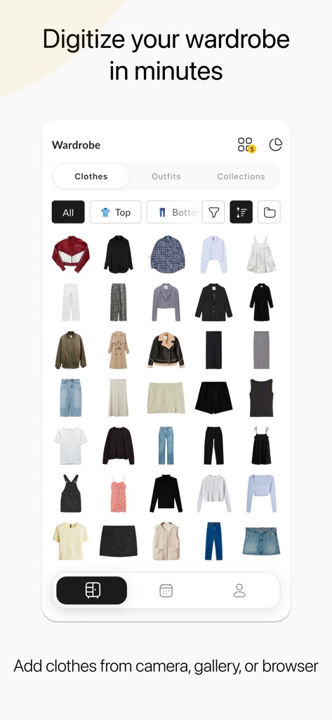 Outfitly: Closet Studio - Outfitly mobile app screen showing a grid of digitized clothing items with the text Digitize your wardrobe in minutes.