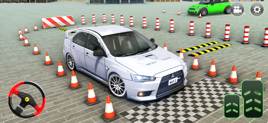 Car Parking Drive: Car Games - Un coche deportivo blanco maniobrando a través de un recorrido de conos de tráfico en un juego de simulador de aparcamiento 3D
